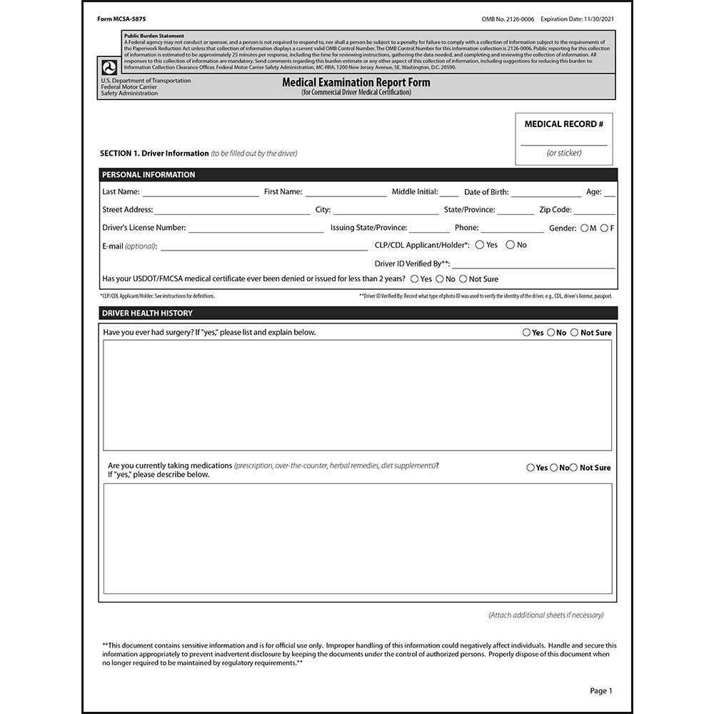 Amazon.com: Medical Examination Report Form 5-pk. - 8.5&quot; x 11&quot; - Commercial  Driver Medical Certification to Comply with 49 CFR §391.43 DOT Medical Card  Requirements - J. J. Keller &amp; Associates : Industrial &amp; Scientific